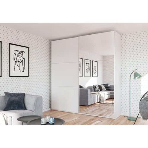 Kleiderschrank Rodos mit Spiegel 225 cm, Schwebetürenschrank, Garderobeschrank Schlafzimmer; Wohnzimmerschrank; Korpus Schrank Farbe: Platinum; Farbe der Schrankfront: Platinum