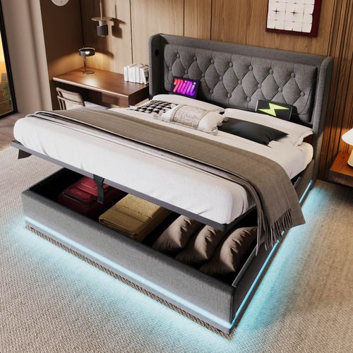 Hydraulisches Polsterbett ,USB Typ-C Ladefunktion, 3-seitige LED-Lichtleiste, Baumwollstoff, mit großem Stauraum unter dem Bett, Grau, 140x200 cm