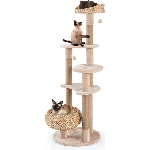 COSTWAY Kratzbaum 164cm hoch, Katzenbaum mit Sitzstange, Korbbett, Jutepfosten, Plattformen & Bällen, 6-stöckiges Kletterbaum Katzen Beige Natur