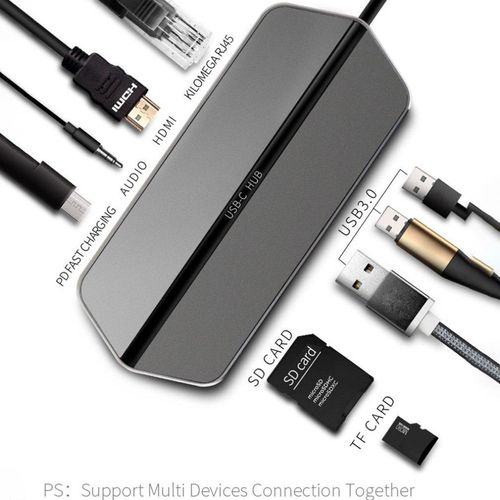 T19 Adapter PD Ladegerät 4K HD SD Kartenleser 3 USB 3.0 Ports Typ C Docking Station 9 in 1 silberweiß