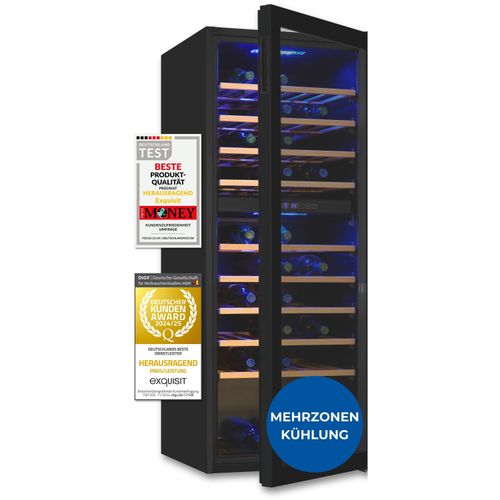 Exquisit Weinkühlschrank 2 Zonen, 78 Flaschen, 194 Liter, Umluftventilator, 9 Holzablagen, Digitale Temperaturanzeige, WS2-78-GTE-160G schwarz