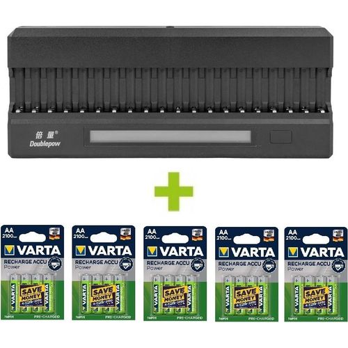 OXE Universal Batterieladegerät für wiederaufladbare Batterien AA für 20 Stück, Ladegerät mit Display + 20 Stück Akkus Varta 56706 R6 2100mAh NIMH basic
