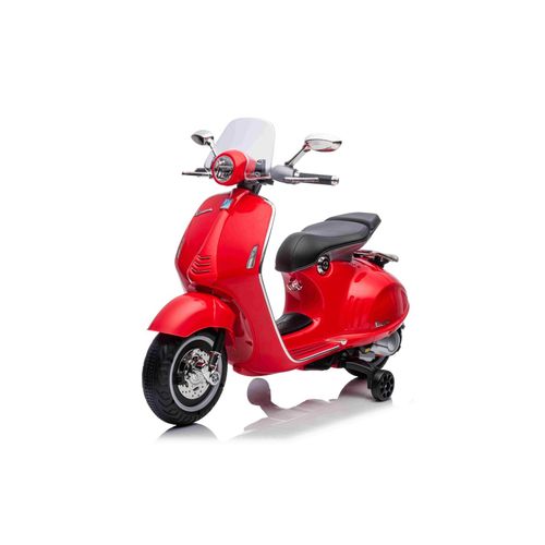 Elektrischer Aufsitz-Scooter Vespa 946 mit Rückwärtsgang, rot, lizenziert, Zusatzräder, Lithiumbatterie, 2 x 30-W-Motoren, Ledersitz, MP3-Player mit USB-Eingang