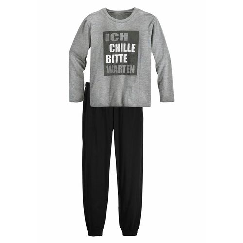 Pyjama AUTHENTIC LE JOGGER, Kinder, Gr. 134/140, schwarz (meliert, grau, schwarz), Jersey, Obermaterial: 100% Baumwolle, bedruckt, Basic, lässig geschnitten lang, Rundhals, Langarm abgesteppte Kante, Homewear-Sets, Schlafanzug mit Spruch 