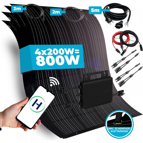 Balkonkraftwerk 800W flexibles Solarmodul - rückseitige Anschlussbox - 4x hochflex Full-Black Solarpanel Solaranlage Photovoltaik Wechselrichter
