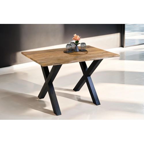 Refurbished Möbelretoure Baumkantentisch Mangoholz Esstisch Vintage-Optik 160 x 85 cm X-Gestell schwarzTIGER