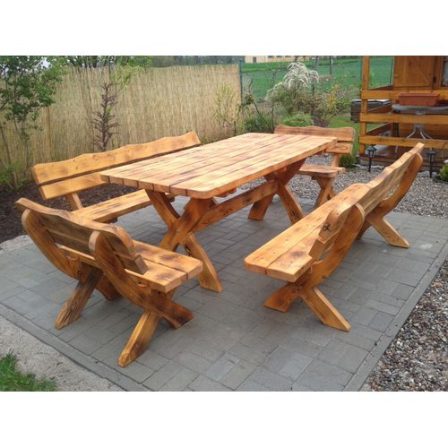 Gartenmöbel AR-OJ Holzgartenmöbel, Holzsitzgruppe, Tisch +2 Bänke + 2 kleine Bänke. Farbe geflammt