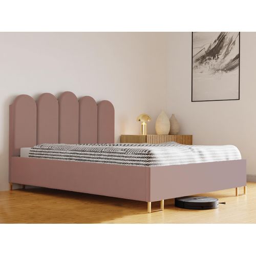 Schlafzimmer-Polsterbett MALAGA, Gepolstertem Kopfteil, Hochwertiger VERSO Polsterstoff, Bettkasten mit Gasdruckfeder, Komfortable Betthöhe 39 cm, 140x200 cm Puderrosa