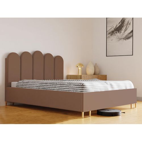 Schlafzimmer-Polsterbett MALAGA, Gepolstertem Kopfteil, Hochwertiger VERSO Polsterstoff, Bettkasten mit Gasdruckfeder, Komfortable Betthöhe 39 cm, 120x200 cm Hellbraun