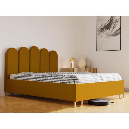 Schlafzimmer-Polsterbett MALAGA, Gepolstertem Kopfteil, Hochwertiger MONET Polsterstoff, Bettkasten mit Gasdruckfeder, Komfortable Betthöhe 39 cm, 140x200 cm Orange