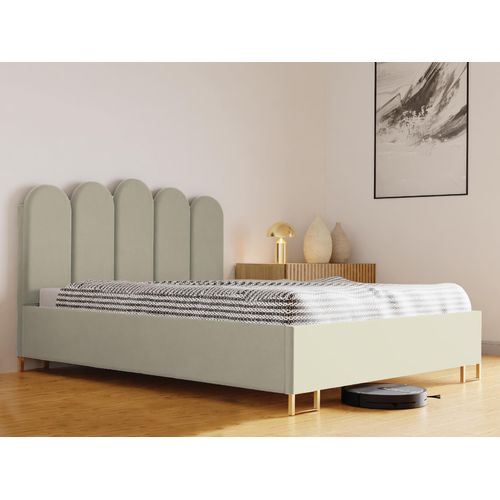 Schlafzimmer-Polsterbett MALAGA, Gepolstertem Kopfteil, Hochwertiger VELUTTO Polsterstoff, Bettkasten mit Gasdruckfeder, Komfortable Betthöhe 39 cm, 140x200 cm Limette