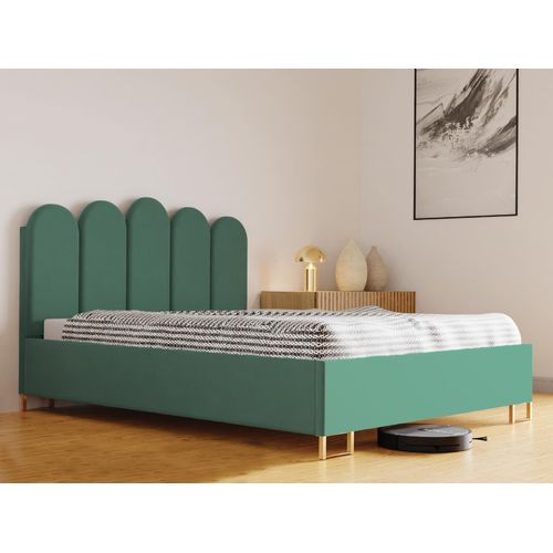Schlafzimmer-Polsterbett MALAGA, Gepolstertem Kopfteil, Hochwertiger MONET Polsterstoff, Bettkasten mit Gasdruckfeder, Komfortable Betthöhe 39 cm, 120x200 cm Seledyn