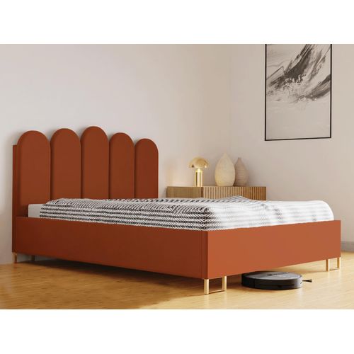 Schlafzimmer-Polsterbett MALAGA, Gepolstertem Kopfteil, Hochwertiger MONET Polsterstoff, Bettkasten mit Gasdruckfeder, Komfortable Betthöhe 39 cm, 160x200 cm Aprikose