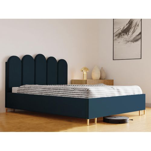 Schlafzimmer-Polsterbett MALAGA, Gepolstertem Kopfteil, Hochwertiger MONET Polsterstoff, Bettkasten mit Gasdruckfeder, Komfortable Betthöhe 39 cm, 140x200 cm Blau