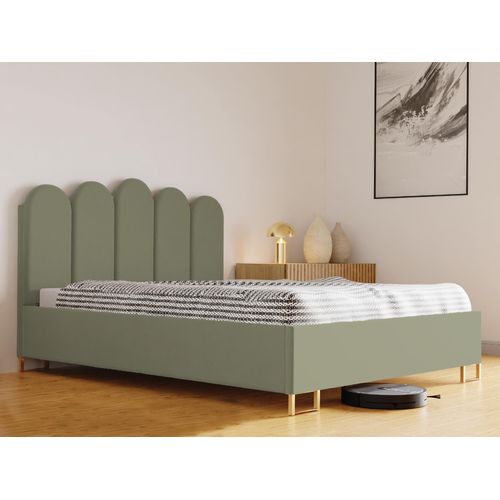 Schlafzimmer-Polsterbett MALAGA, Gepolstertem Kopfteil, Hochwertiger MONET Polsterstoff, Bettkasten mit Gasdruckfeder, Komfortable Betthöhe 39 cm, 120x200 cm Limonengrün
