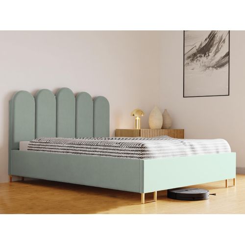 Schlafzimmer-Polsterbett MALAGA, Gepolstertem Kopfteil, Hochwertiger VELUTTO Polsterstoff, Bettkasten mit Gasdruckfeder, Komfortable Betthöhe 39 cm, 160x200 cm Hellgrün