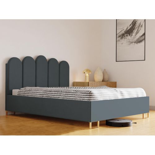 Schlafzimmer-Polsterbett MALAGA, Gepolstertem Kopfteil, Hochwertiger MONET Polsterstoff, Bettkasten mit Gasdruckfeder, Komfortable Betthöhe 39 cm, 200x200 cm Grau