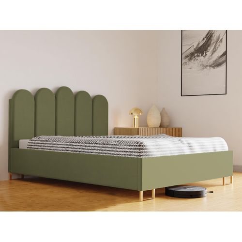 Schlafzimmer-Polsterbett MALAGA, Gepolstertem Kopfteil, Hochwertiger MONET Polsterstoff, Bettkasten mit Gasdruckfeder, Komfortable Betthöhe 39 cm, 180x200 cm Hellgrün