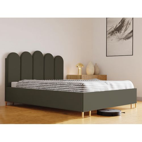 Schlafzimmer-Polsterbett MALAGA, Gepolstertem Kopfteil, Hochwertiger VELO Polsterstoff, Bettkasten mit Gasdruckfeder, Komfortable Betthöhe 39 cm, 180x200 cm Olivgrün