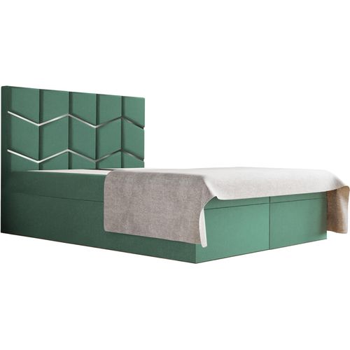 Schlafzimmer-Polsterbett FOREST 180x200cm Türkis mit Silberdekor, MONET-Kopfteil, stabil, mit Stauraum und Gasdruckfedern
