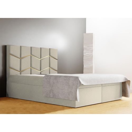 Schlafzimmer-Polsterbett FOREST 140x200cm Gebrochenes Weiß mit Golddekor, VELO-Kopfteil, stabil, mit Stauraum und Gasdruckfedern