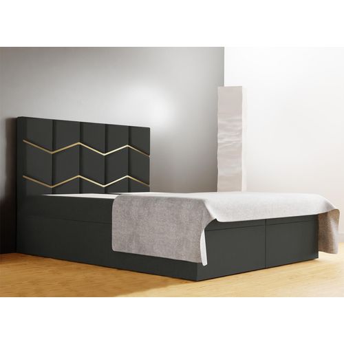 Schlafzimmer-Polsterbett FOREST 180x200cm Hellgrau mit Golddekor, VELO-Kopfteil, stabil, mit Stauraum und Gasdruckfedern