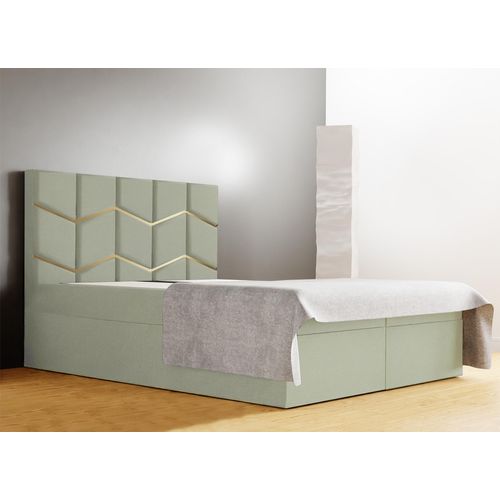 Schlafzimmer-Polsterbett FOREST 140x200cm Gebrochenes Weiß mit Golddekor, VERSO-Kopfteil, stabil, mit Stauraum und Gasdruckfedern
