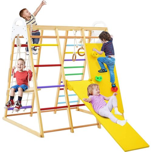 COSTWAY 8 in 1 Kletterspielzeug Set, inkl. Klettergerüst, Turnringen, Kletterleiter, Rutsche, Strickleiter, Kletterfels, Kletternetz, Schaukel und Zeichentafel, für Kleinkinder ab 3 Jahren (Bunt)