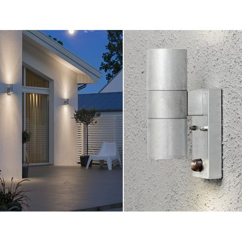 2er-Set Up-Down Wandleuchte MODENA, Bewegungsmelder, galv. Stahl GU10