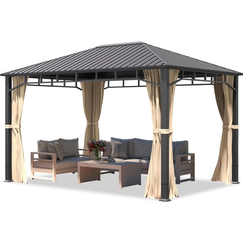 Gartenpavillon 3x4 m Stahldach Hardtop, 4 Seitenteile in Champagner, Pfosten 9x9 cm