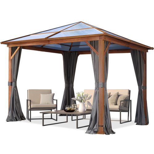 Gartenpavillon 3x3 m Holzoptik ca 8 mm Polycarbonat-Dach 4 Seitenteile in grau