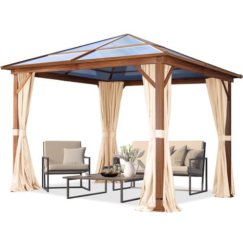 Gartenpavillon 3x3 m Holzoptik, ca 8 mm Polycarbonat-Dach, 4 Seitenteile in champagner