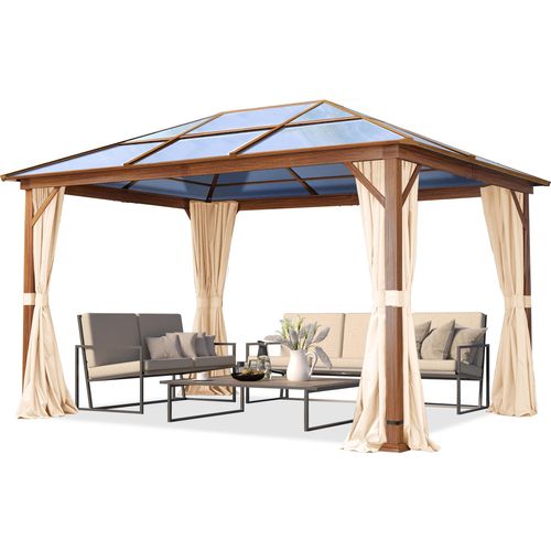 Gartenpavillon 3x4 m Holzoptik, ca 8 mm Polycarbonat-Dach, 4 Seitenteile in champagner