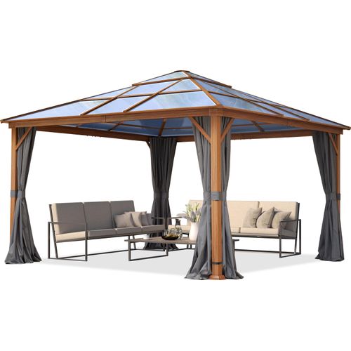 Gartenpavillon 4x4 m Holzoptik, ca 8 mm Polycarbonat-Dach, 4 Seitenteile in grau