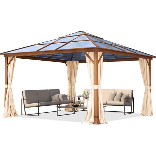Gartenpavillon 4x4 m Holzoptik, ca 8 mm Polycarbonat-Dach, 4 Seitenteile in champagner