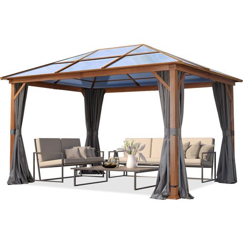 Gartenpavillon 3x4 m Holzoptik, ca 8 mm Polycarbonat-Dach, 4 Seitenteile in grau