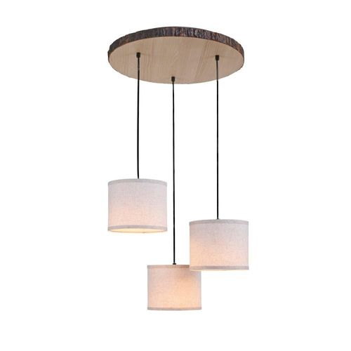 Hängeleuchte, 3 Flammig, Holzdekor, Textil, D 52 cm