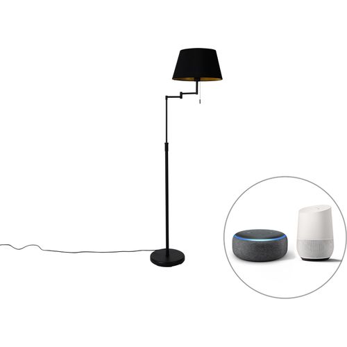 QAZQA - Modern Smart Stehleuchte I Stehlampe I Standleuchte I Lampe I Leuchte Schwarz mit schwarzem Schirm und verstellbarem Arm inkl. Wifi A60 - Ladas Deluxe I Wohnzimmer I Schlafzimmer - Textil Rund