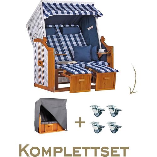 Strandkorb Komplettset Ostsee PE Weiß Dessin Karo Blau
