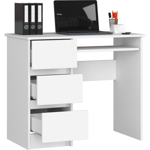 Computertisch Bürotisch mit ausziehbarer Tastaturablage, Laminatplatte mit ABS-Kante, mit 3 Schubladen links, 90 x 50 x 77 cm, weiß