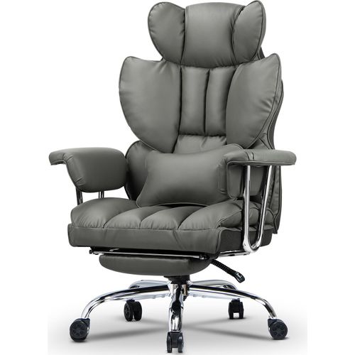 Bürostuhl mit Fußstütze - Ergonomischer Schreibtischstuhl mit Lordosenstützkissen - Großer Chefbürostuhl aus Kunstleder mit Hoher Rückenlehne - Grau