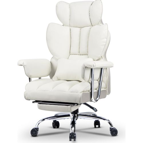 Bürostuhl mit Fußstütze - Ergonomischer Schreibtischstuhl mit Lordosenstützkissen - Großer Chefbürostuhl aus Kunstleder mit Hoher Rückenlehne - Weiß