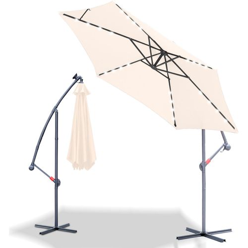 Sonnenschirm mit LED Beleuchtung Ampelschirm 350 cm Garten Schirm mit 32 LED-Lämpchen UV-Schutz Kurbelschirm Ständer Gartenschirm Marktschirm, Beige