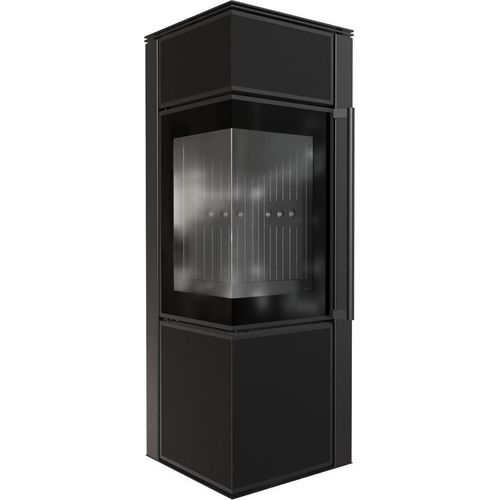 Kaminofen aus Stahl KRATKI TORA/S 8 kW Ø 150 Quarzsinter Nero Assoluto schwarz Verkleidung mit Türfeder