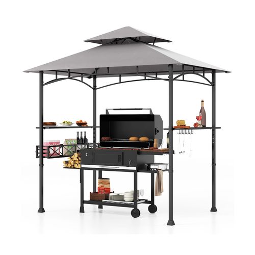 GOPLUS Grillpavillon, Grill Pavillon Doppeldach mit 2 Ablagen, 10 Haken, Flaschenöffner & Ablagekorb, Grillüberdachung Grillunterstand wetterfest für Außenbereich wie Garten Hof Terrasse