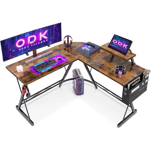 ODK Gaming Tisch Vintage Braun L-Form 127 x 127 cm mit Monitorständer