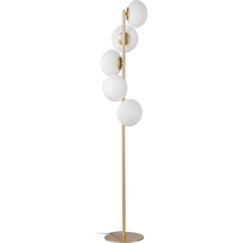 Stehlampe aus goldfarbenem Metall mit 5 weißen mundgeblasenen Glaslichtern Ripple