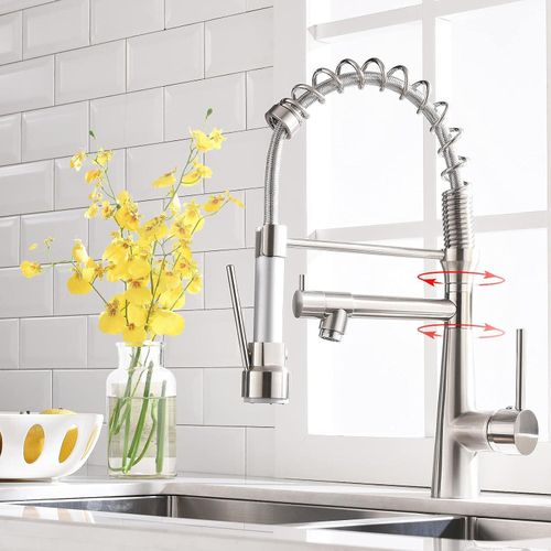 Küchenarmatur mit Spiralfeder, ausziehbar, schwenkbar, gebürstetes Nickel, Einhebel Mischbatterie, Pull-Down-Spray, Hochdruck