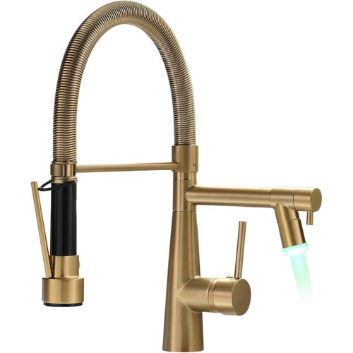 LED Wasserhahn Küche Gebürstetes Gold mit Schloss - Ausziehbar 360° Schwenkbare Spritzfunktion