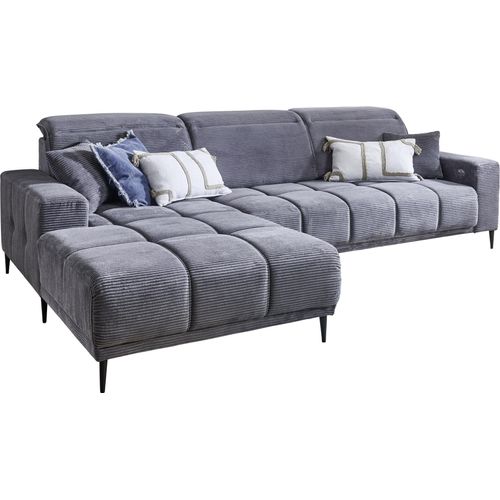 Wohnlandschaft ></noscript>Lindesberg< 3x Kopfteilverstellung, Federkern, Cord grau - 286x107x195cm (BxHxT)